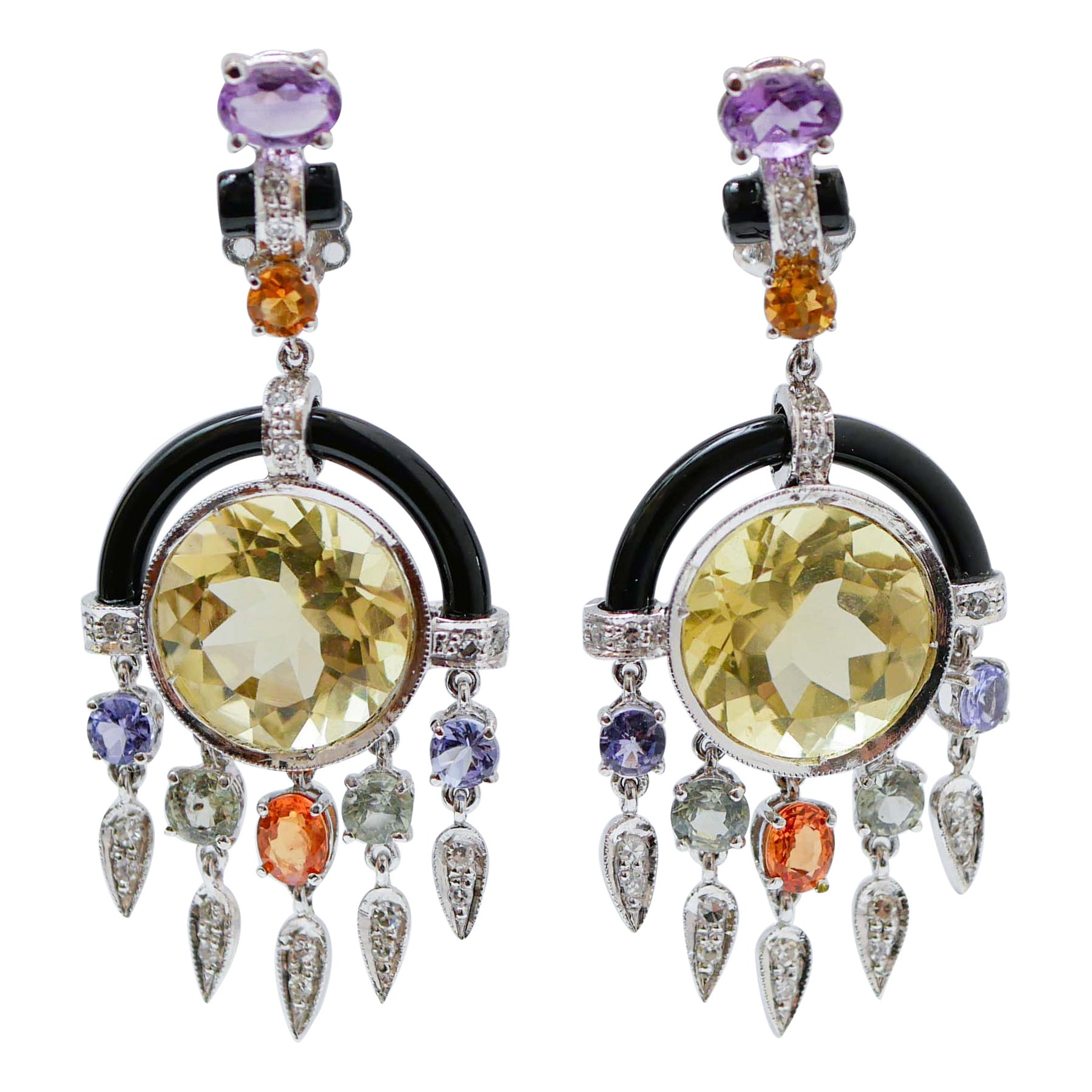 Lemon Quartz, Amethysts, Topazs, Sapphires, Diamonds, Onyx, Platinum Earrings. For Sale