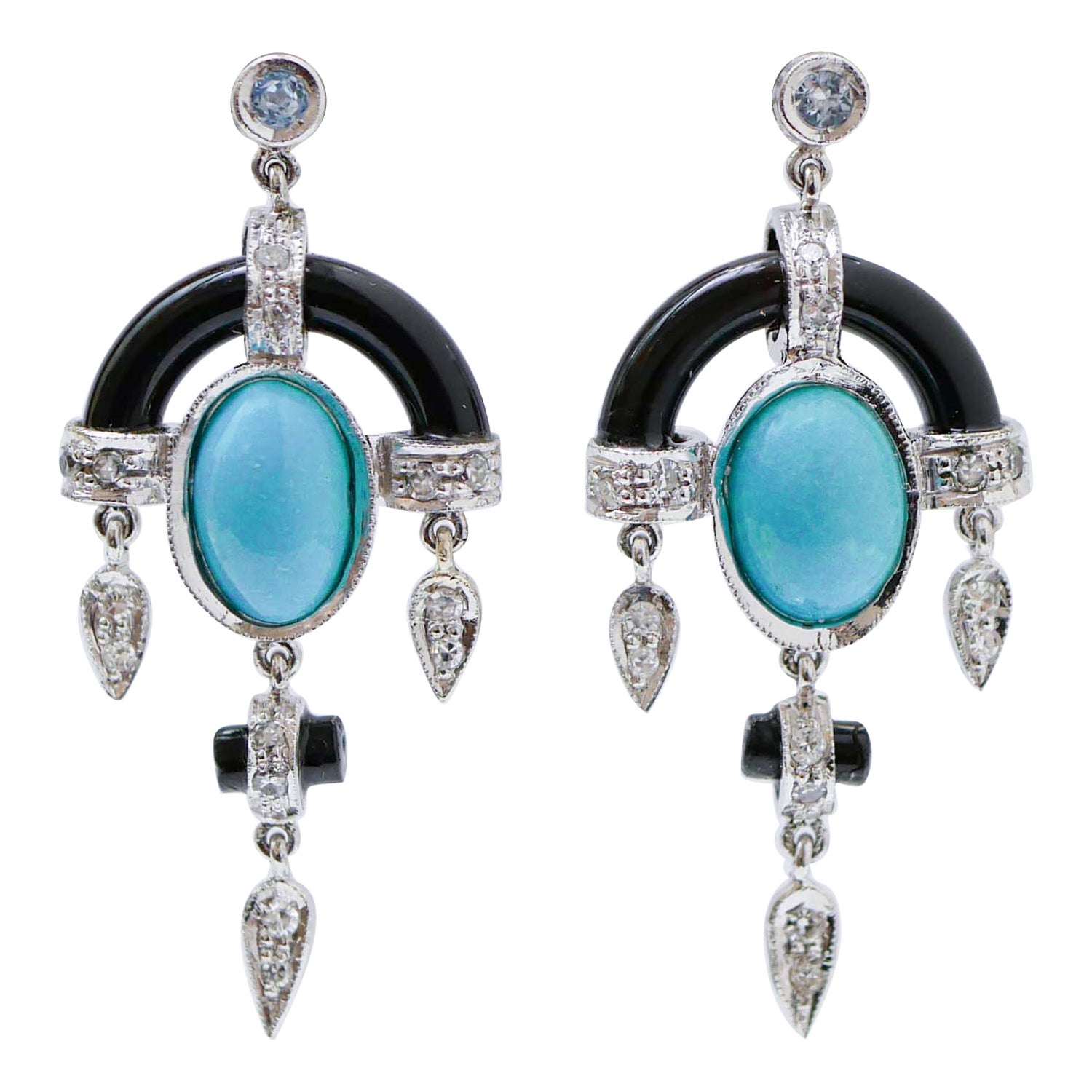 Turquoise, Onyx, Diamonds, Topazs, Platinum Retrò Earrings.