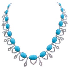 Retro Turquoise, Topazs, Diamonds, 14 Karat White Gold Necklace.