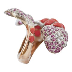 Vintage Corals, Rubies, Diamonds, Rose Gold and Silver Fish Shape Ring.