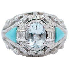 Vintage Turquoise, Aquamarine, Diamonds, 14 Karat White Gold Ring.