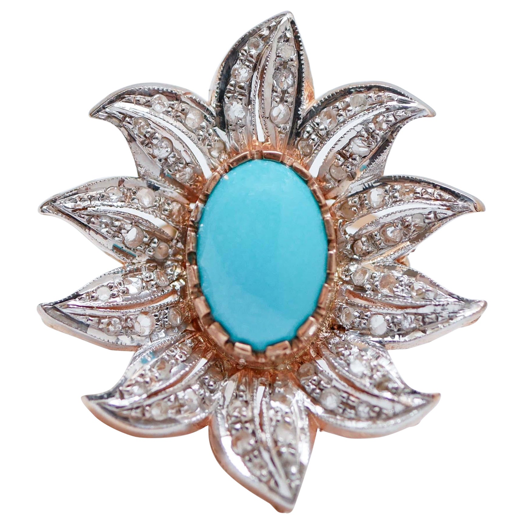 Turquoise, Diamonds, Rose Gold and Silver Flower Ring.