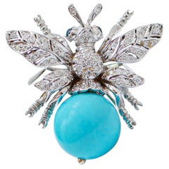 Bague abeille Magnesite, saphirs, diamants, or blanc 14 carats