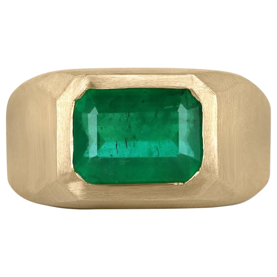 3,54 Karat 18K Smaragdschliff Smaragd Horizont Solitär Herren Gypsy Satin Gold Ring