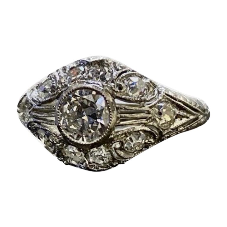 1940's Vintage Hand Engraved Platinum Old European Cut Diamond Engagement Ring  For Sale