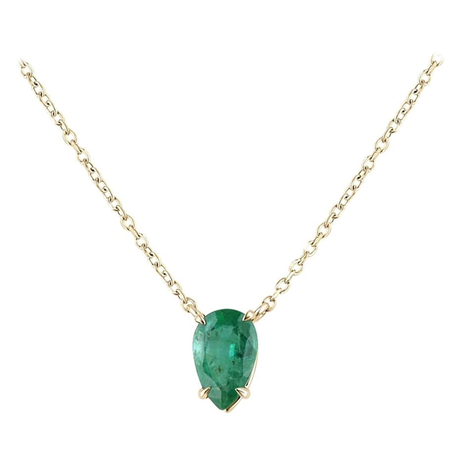 0.75ct 14K Natural Medium Dark Green Pear Cut Emerald Prong Set Pendant Necklace