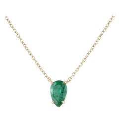 0.75ct 14K Natural Medium Dark Green Pear Cut Emerald Prong Set Pendant Necklace