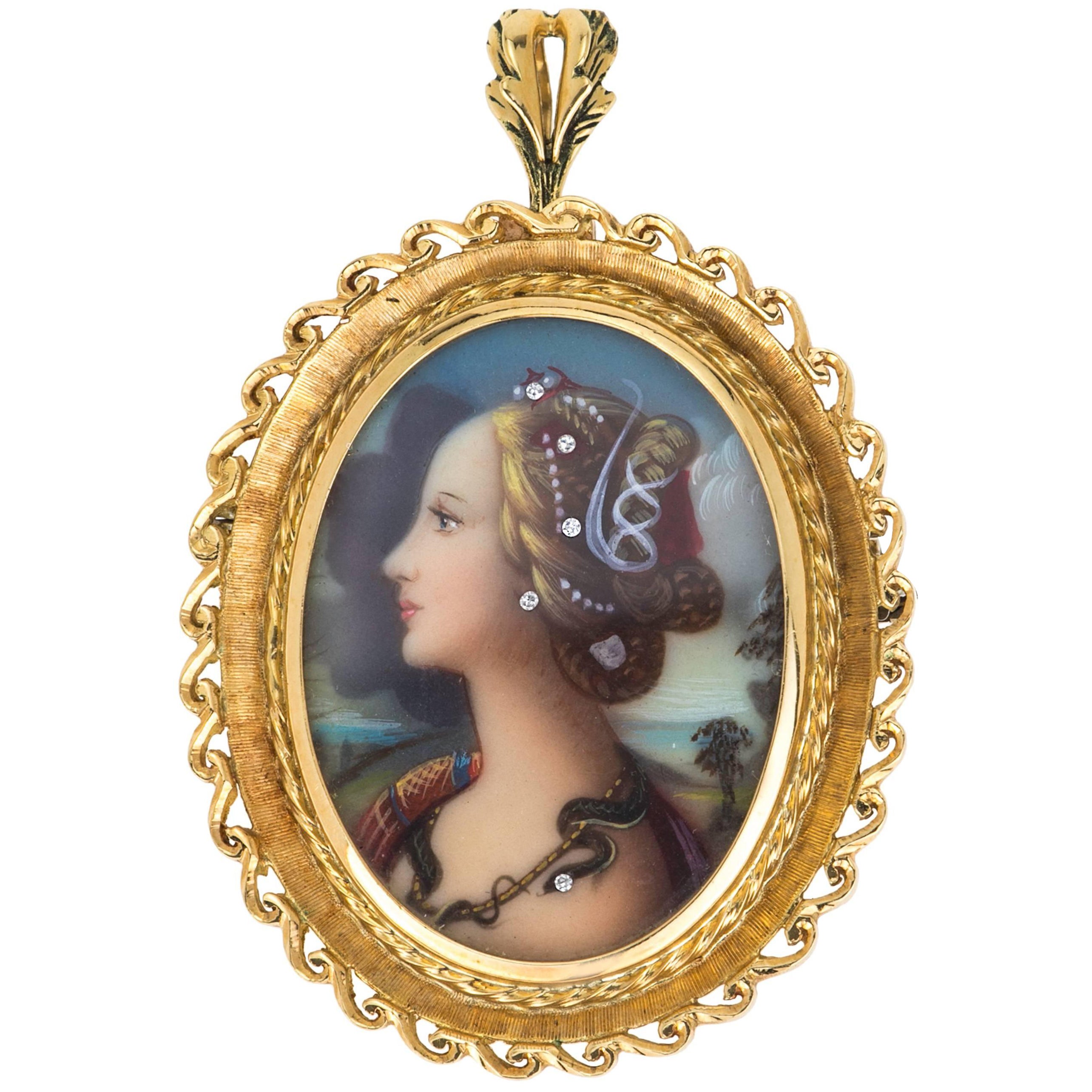 18 Karat Gold and Diamond Painted Cameo Brooch Pendant For Sale