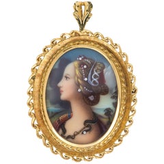 18 Karat Gold and Diamond Painted Cameo Brooch Pendant