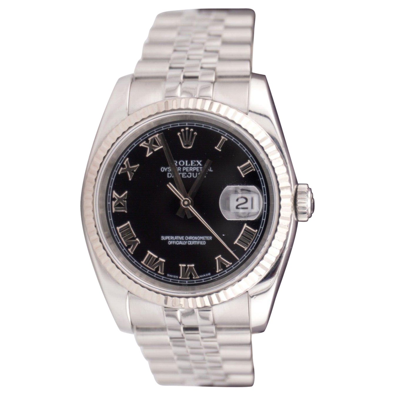Rolex Datejust 36mm Black Dial Roman 18k WG Fluted Jubilee Mens Watch 116234 For Sale