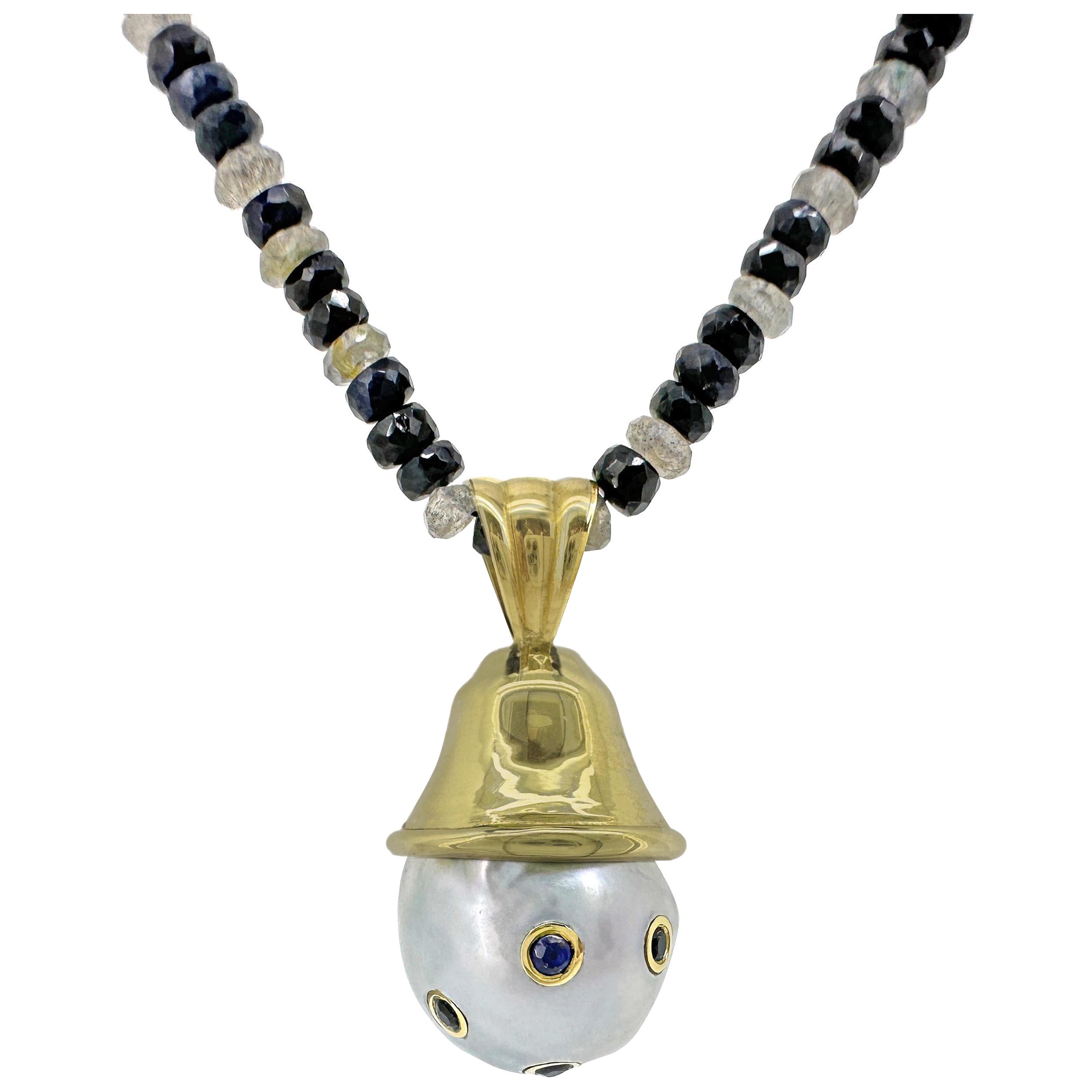 "Hugo" 16.5mm Silver Tahitian Pearl & Sapphire Fob in 18K Gold on Sapphire Chain For Sale