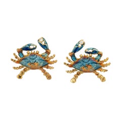 Blue Crab Earrings Vintage 18k Yellow Gold Diamond Studs Shellfish Ocean Jewelry