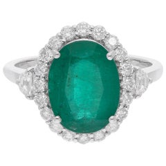 Esmeralda ovalada de Zambia Piedra preciosa Cóctel Anillo Diamante 18 Kilates Oro Blanco