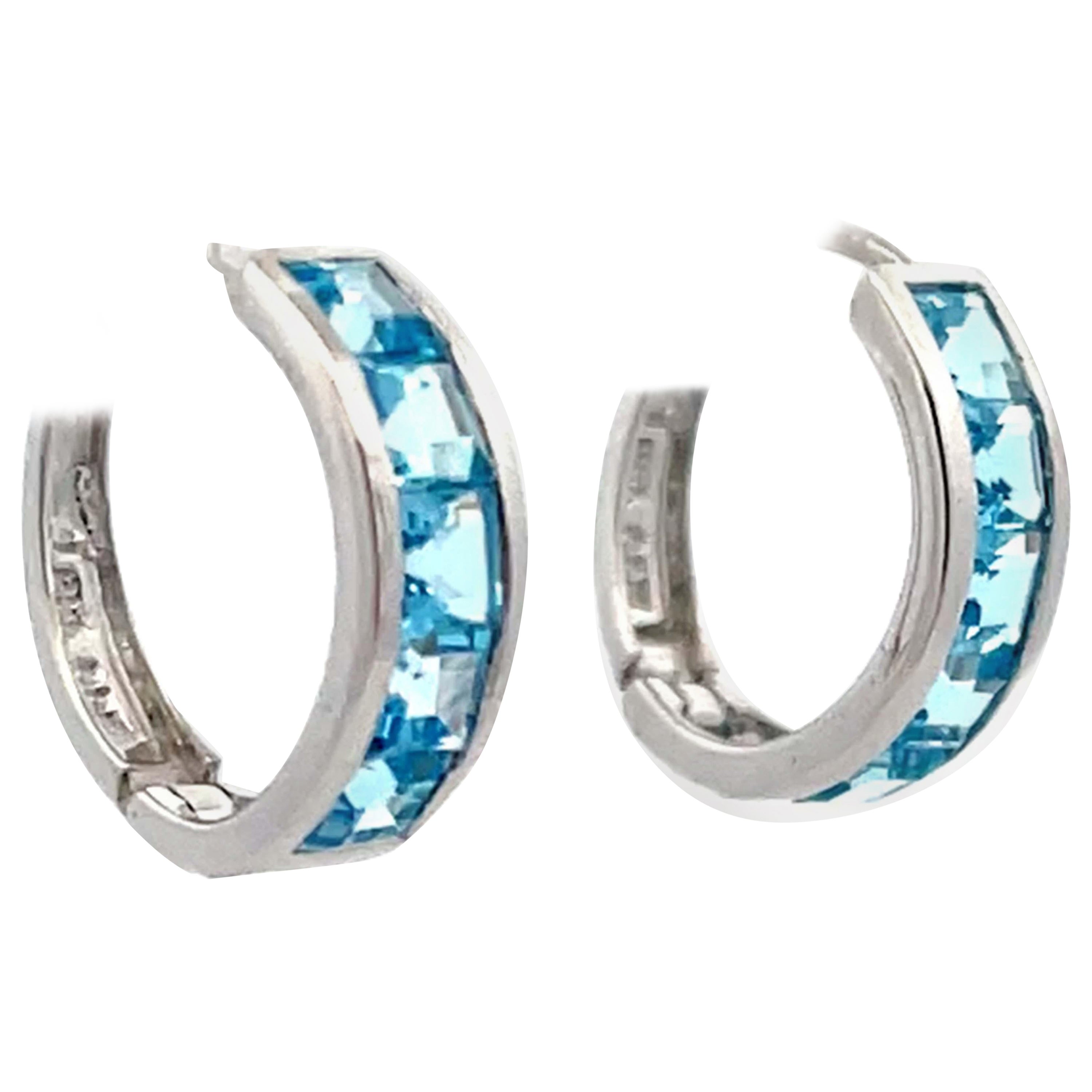 Blue Topaz Small 14K White Gold Hoop Earrings For Sale