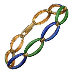 Retro Geometric Blue Green Engine Turned Enamel Bracelet, 19g Solid 18k Gold