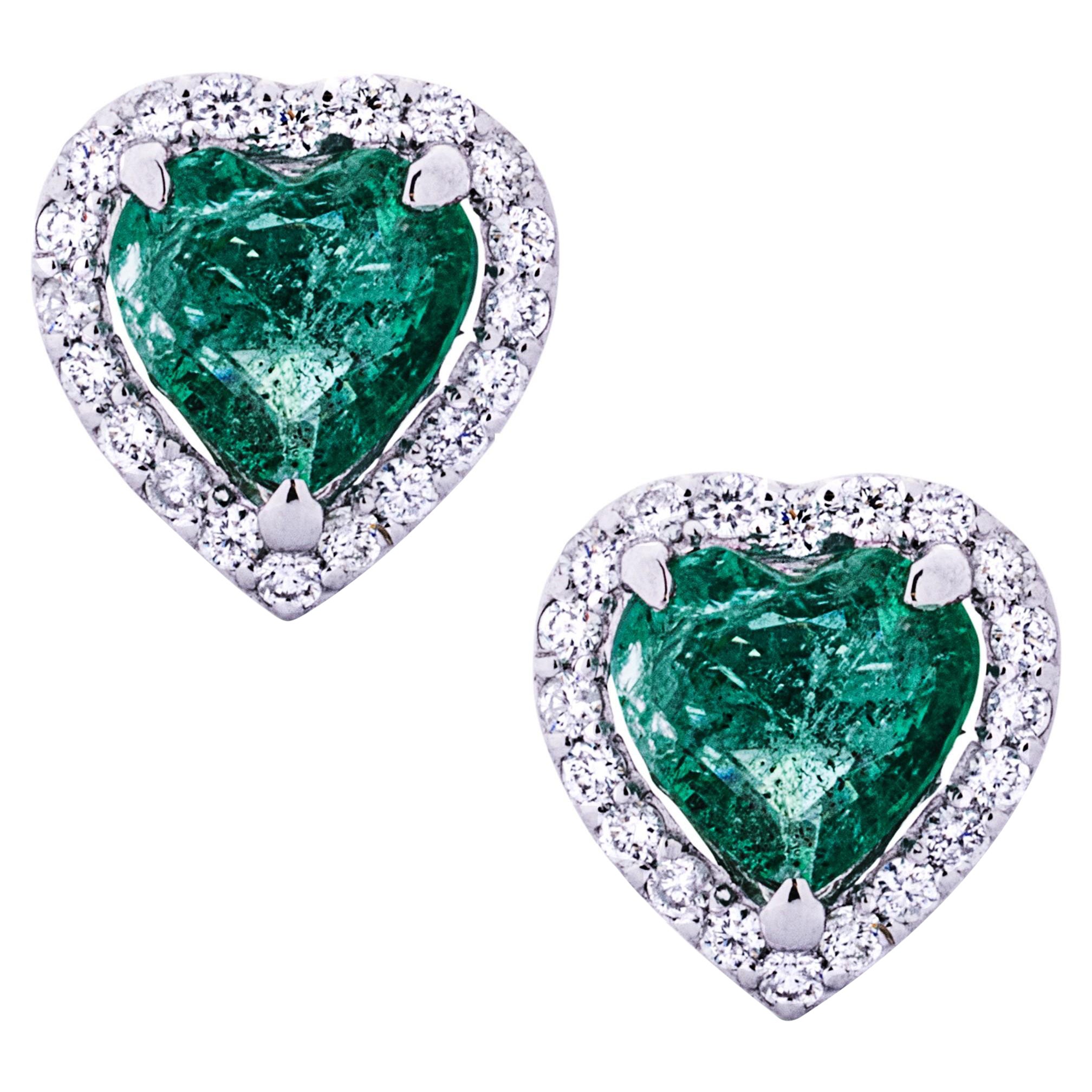 Alex Jona 18 Karat White Gold White Diamond Emerald Heart Stud Earrings