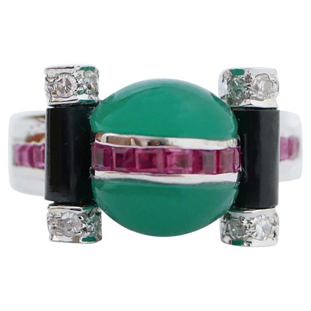 Green Agate, Onyx, Rubies, Diamonds, 14 Karat White Gold Ring. For Sale