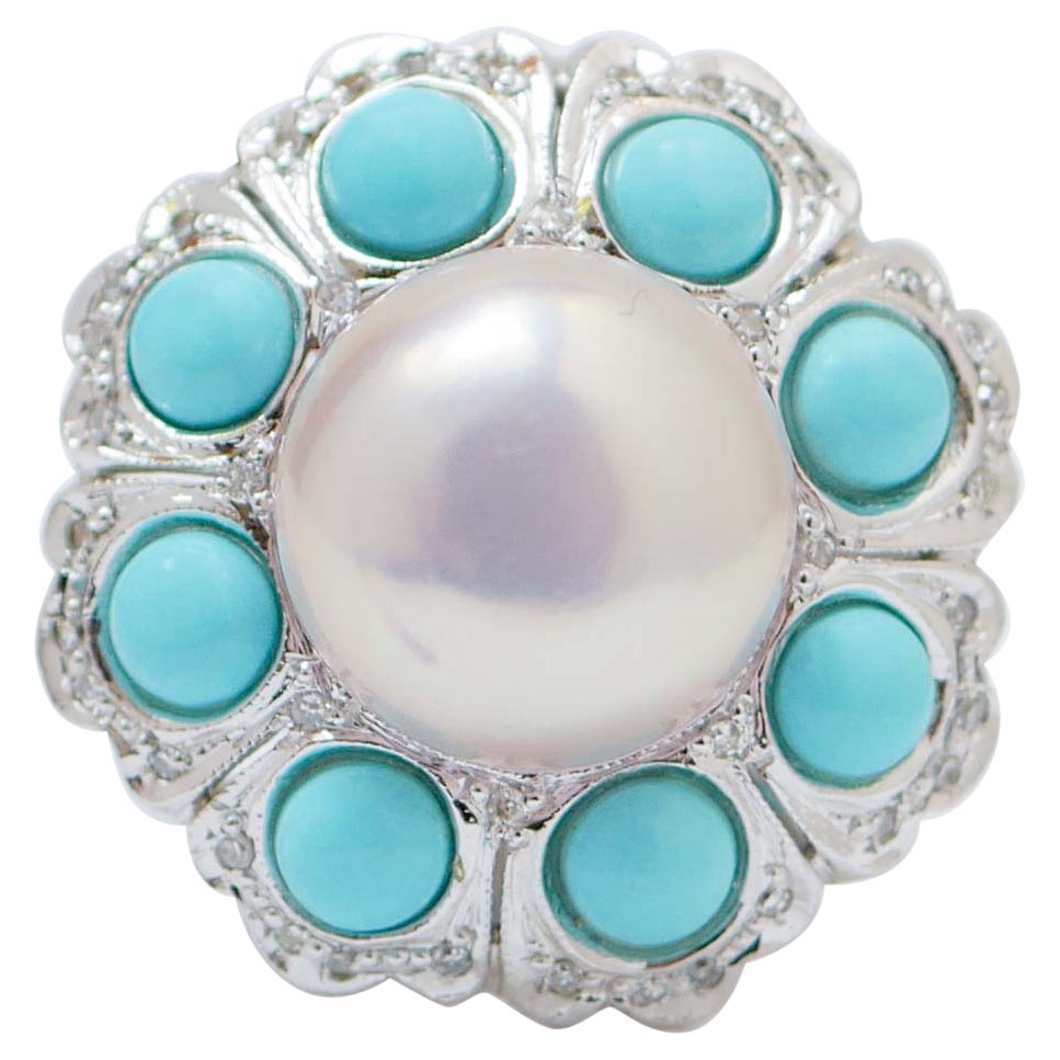 Perle, turquoise, diamants, bague Retrò en platine. en vente