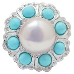 Vintage Pearl, Turquoise, Diamonds, Platinum Retrò Ring.
