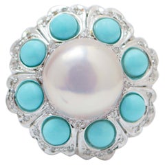 Pearl, Turquoise, Diamonds, Platinum Retrò Ring.