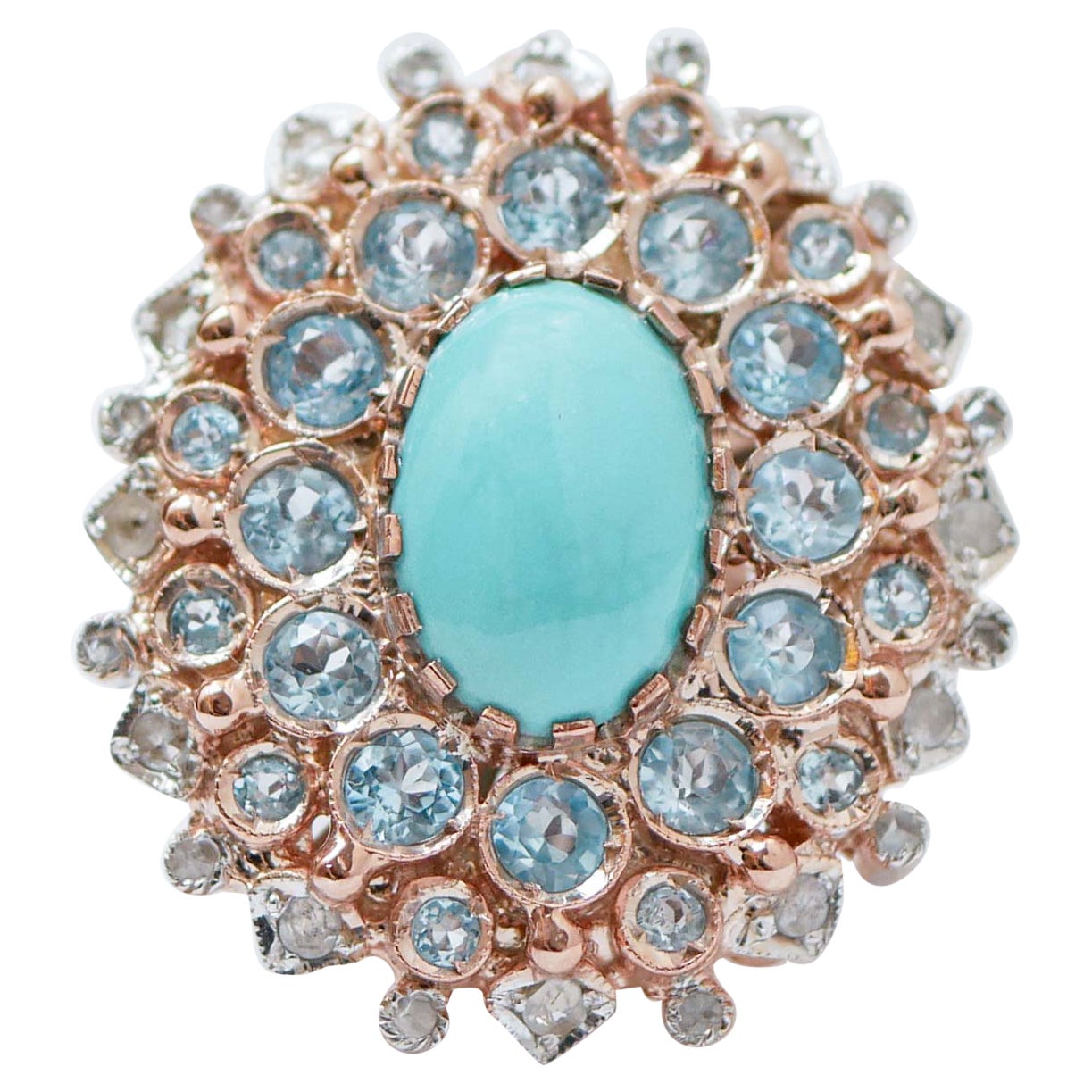 Turquoise, Topazs, Diamonds, Rose Gold and Silver Ring.
