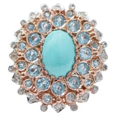 Vintage Turquoise, Topazs, Diamonds, Rose Gold and Silver Ring.