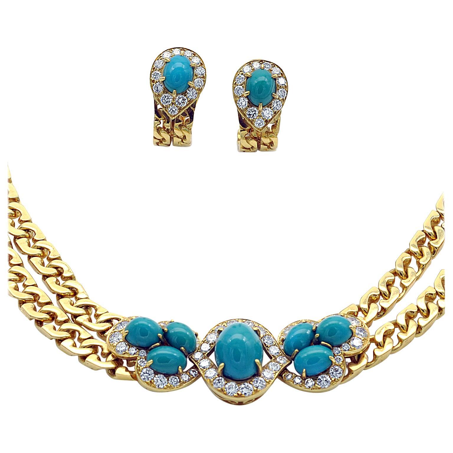 Tabbah Turquoise Diamond Gold Necklace and Earrings Set