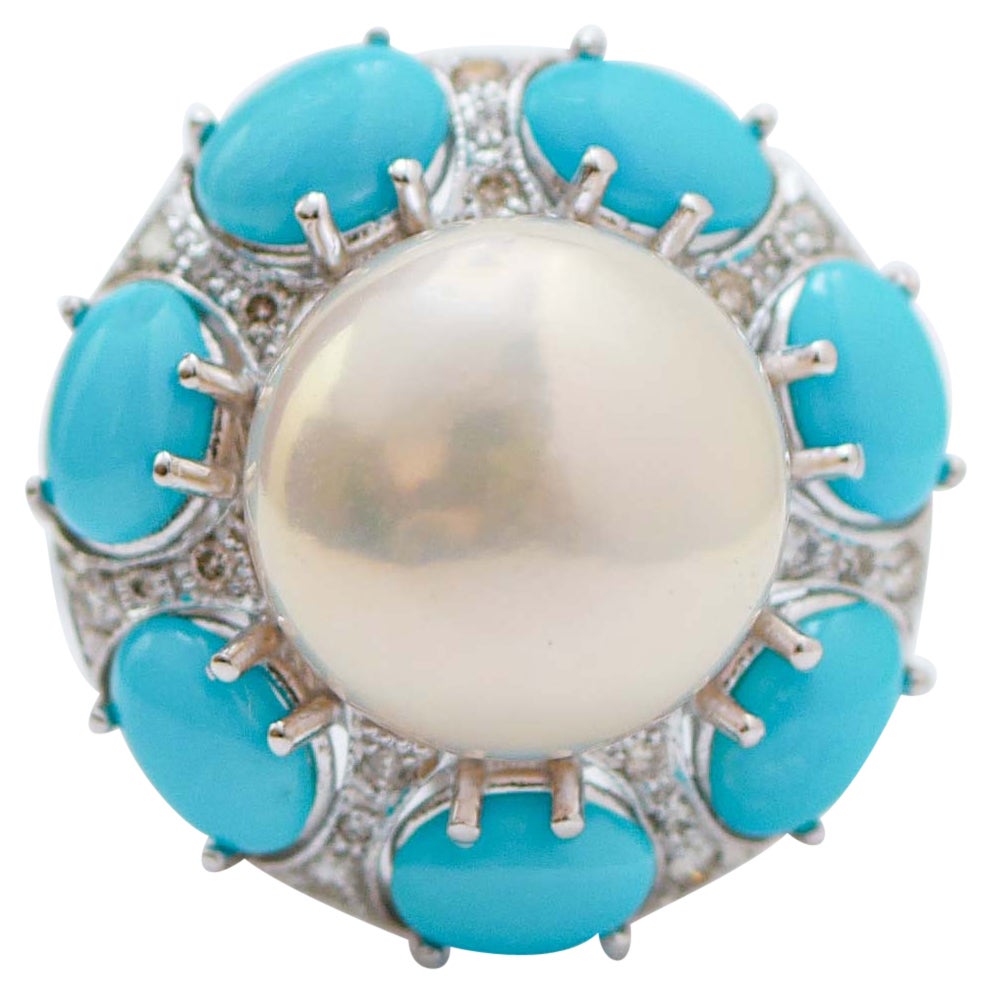 Pearl, Turquoises, Diamonds, 14 Karat White Gold Ring.