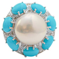 Vintage Pearl, Turquoises, Diamonds, 14 Karat White Gold Ring.
