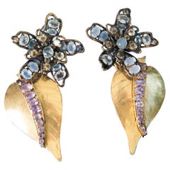 Iradj Moini Earrings Gold Amethyst Leaf with Gemstone Flower Clips