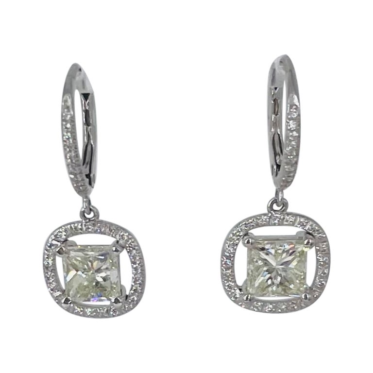 J.Birnbach 2.00 carat Princess Cut Diamond Drop Earrings with Pave Frame For Sale