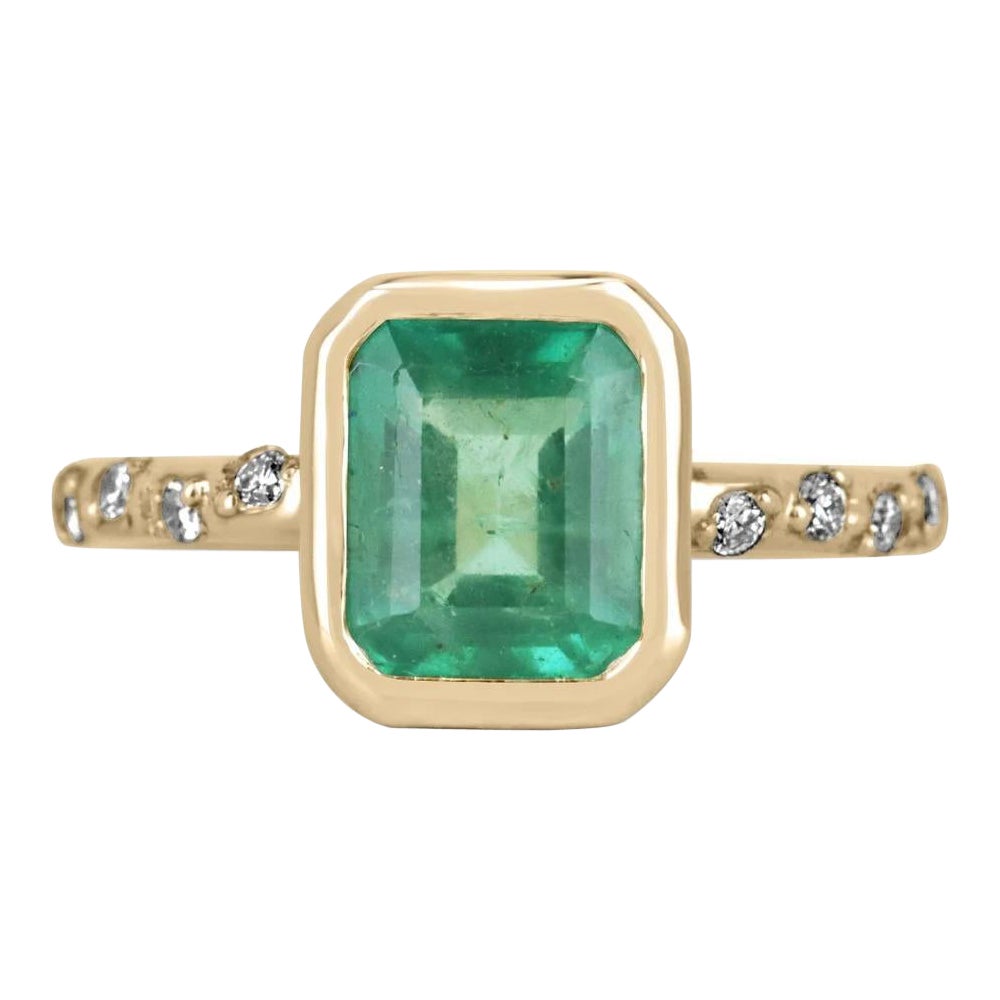 1.58tcw 14K Natural Green Emerald Cut Emerald & Diamond Shank Accent Bezel Ring For Sale