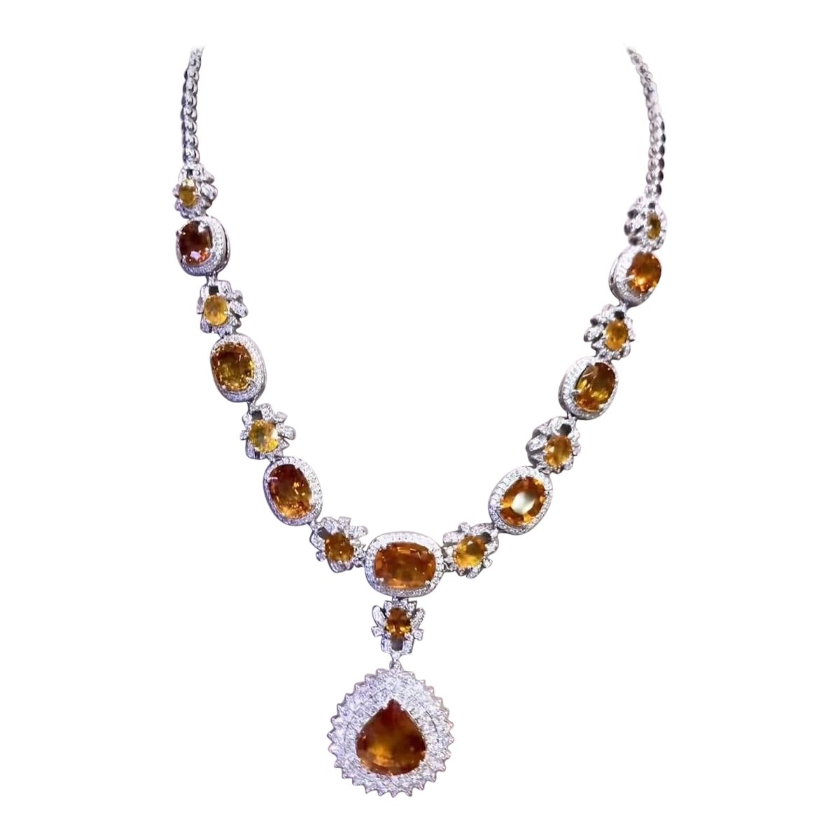 AIG Certified 57.93 Ct Orange Sapphires  6.13 Ct Diamonds 18K Gold Necklace  For Sale