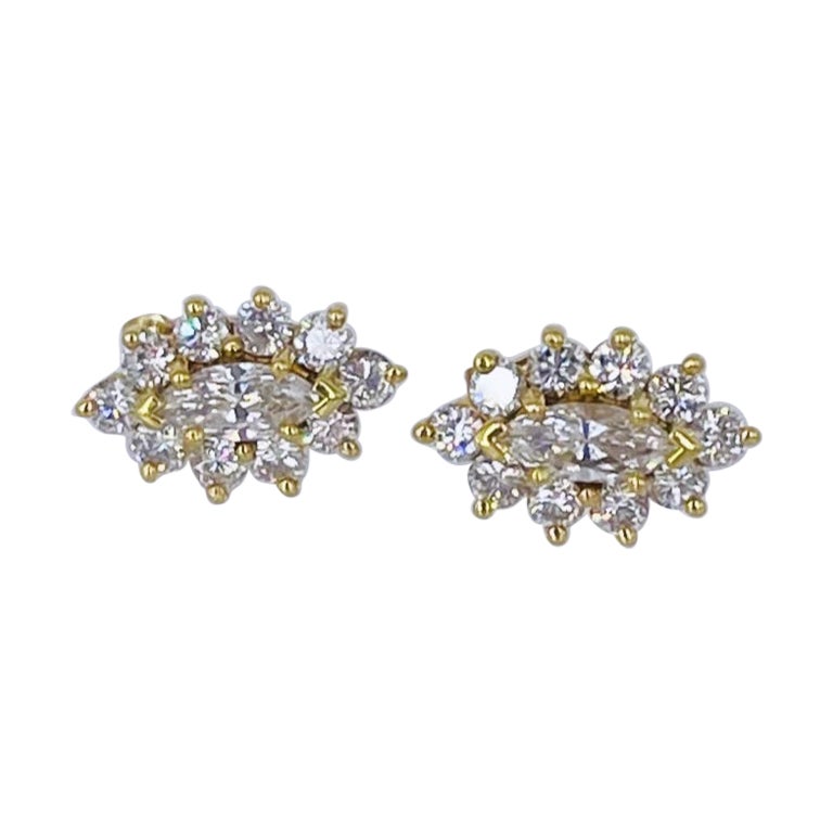 J. Birnbach 1.09 carat Marquise and Round Diamond Cluster Earrings  For Sale
