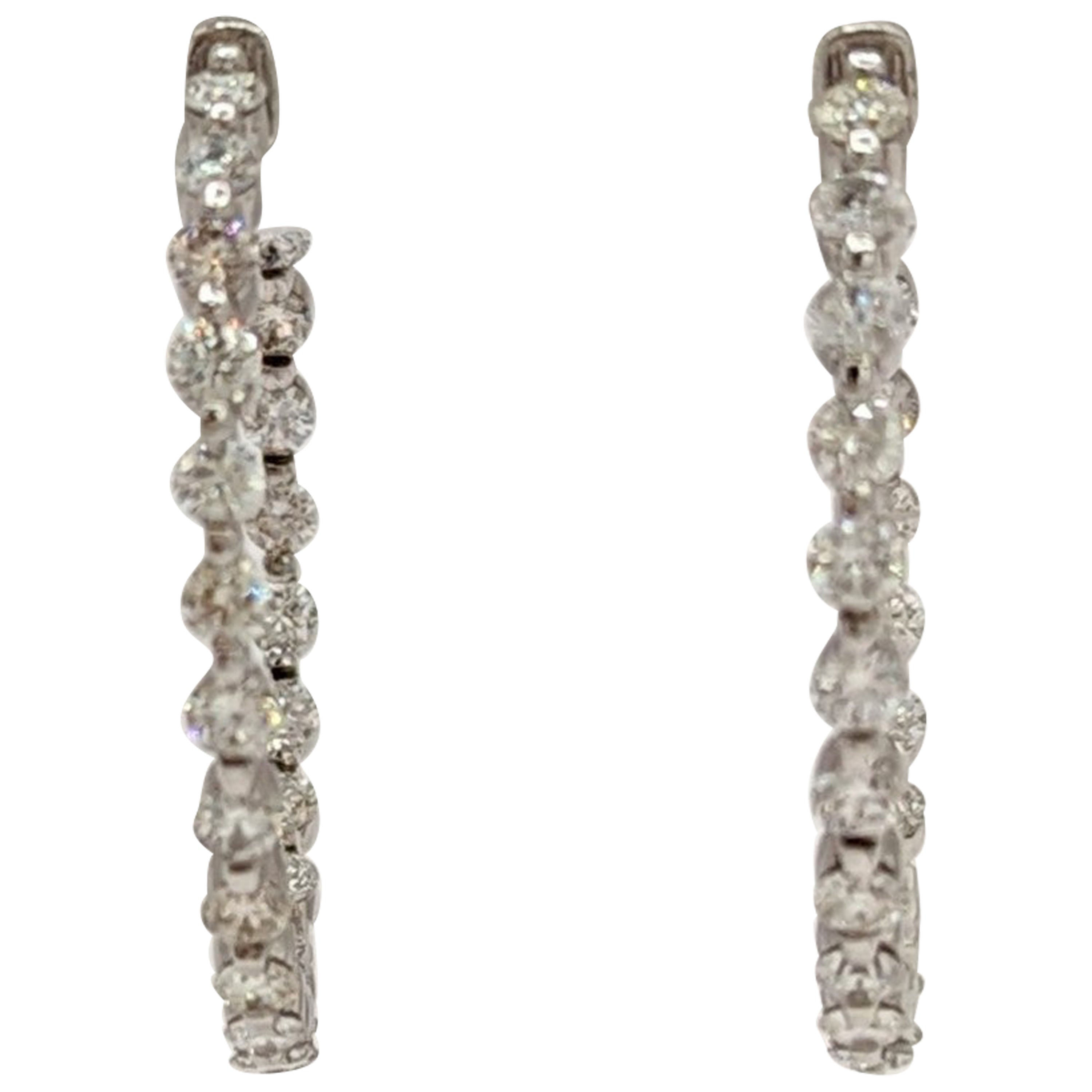 White Diamond Round Hoop Earrings in 14K White Gold For Sale