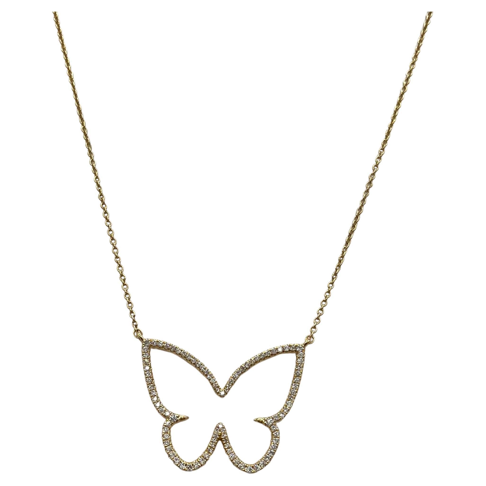 White Diamond Butterfly Pendant Necklace in 18k Yellow Gold For Sale