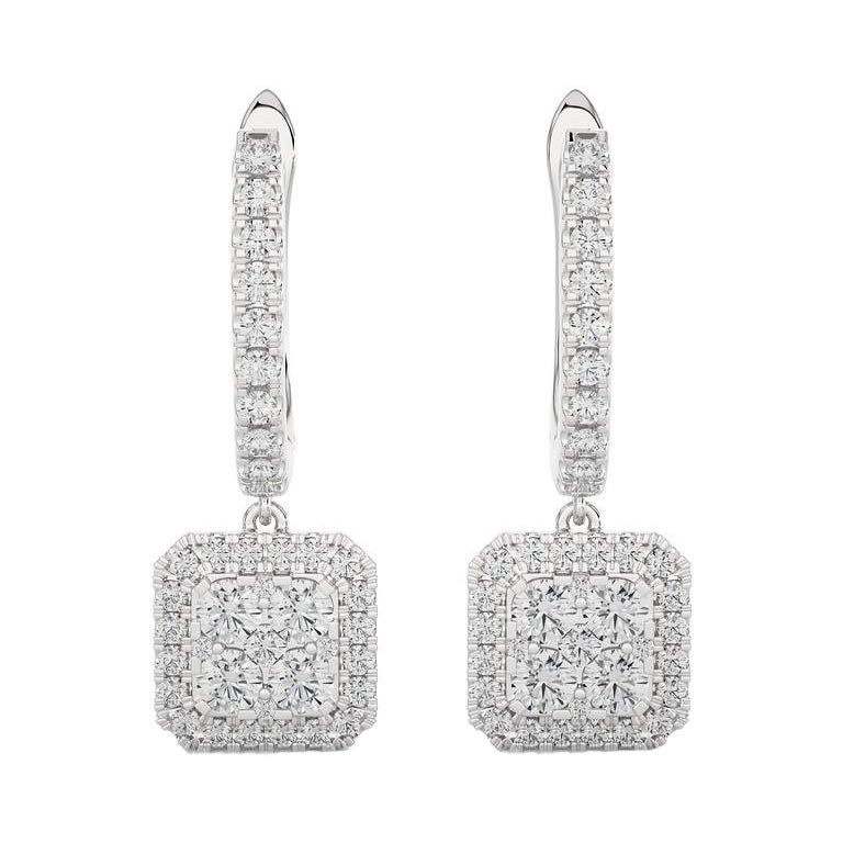 1 Carat Diamond Moonlight Cushion Cluster Earring in 14K White Gold