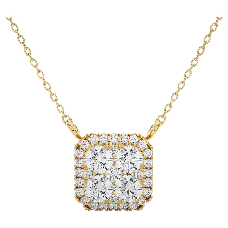 1 ctw Diamond Moonlight Cushion Cluster Necklace in 14K Yellow Gold For Sale