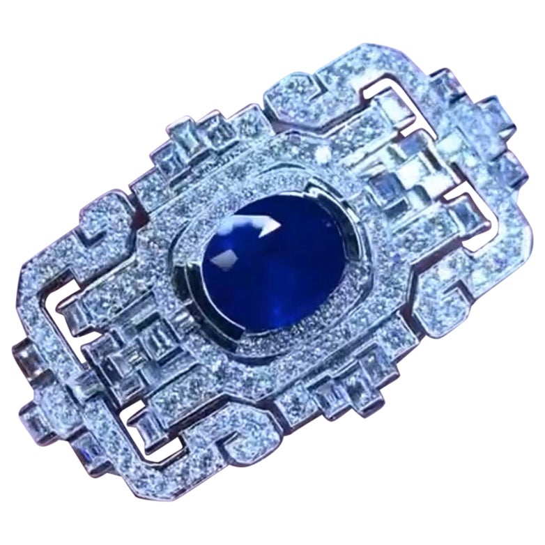AIG Certified 6.76 Ct Royal Blu Ceylon Sapphire 3.70 Ct Diamonds Brooch Pendant  For Sale