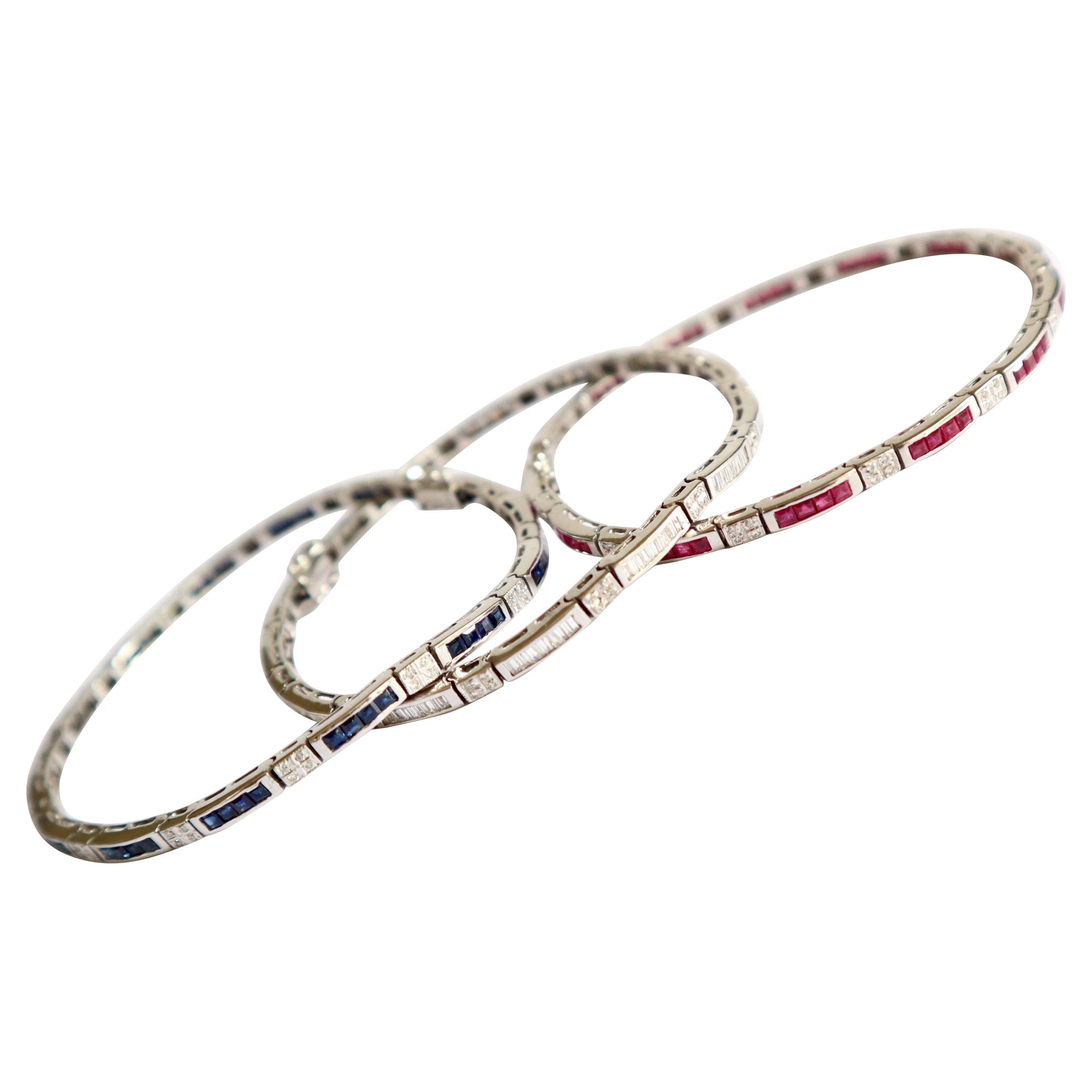 Set of 3 Bracelets in 18 Kt White Gold, Rubies, Diamonds, Sapphires For Sale