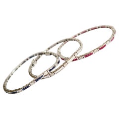 Set of 3 Bracelets in 18 Kt White Gold, Rubies, Diamonds, Sapphires