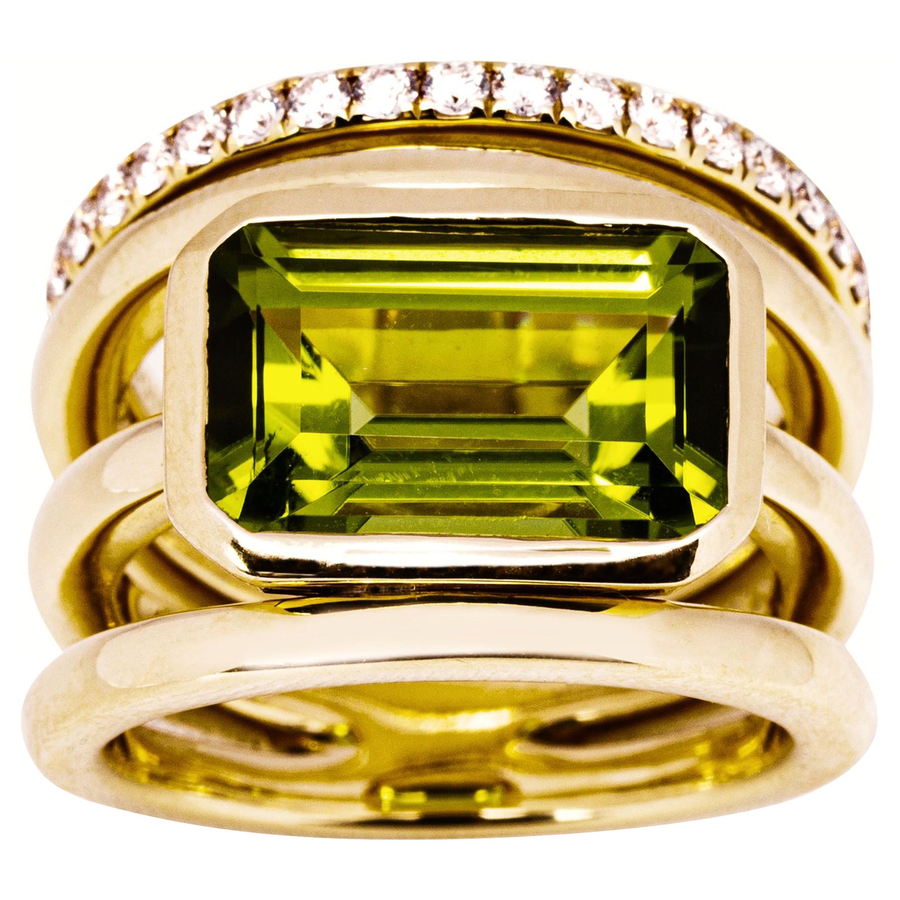 Alex Jona Peridot White Diamond 18 Karat Yellow Gold Band Ring For Sale
