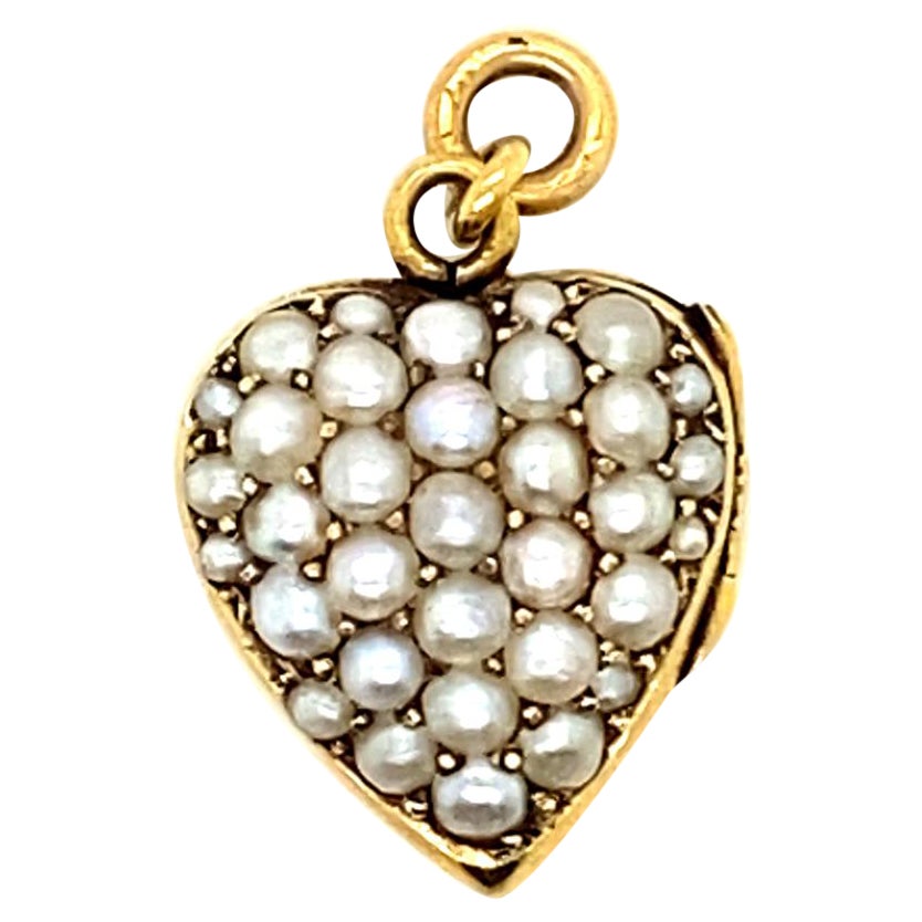 Victorian 15 Karat Yellow Gold Seed Pearl Heart Locket Pendant For Sale