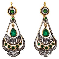 Art Deco Style White Rose Cut Diamond Emerald Yellow Gold Lever-Back Earrings