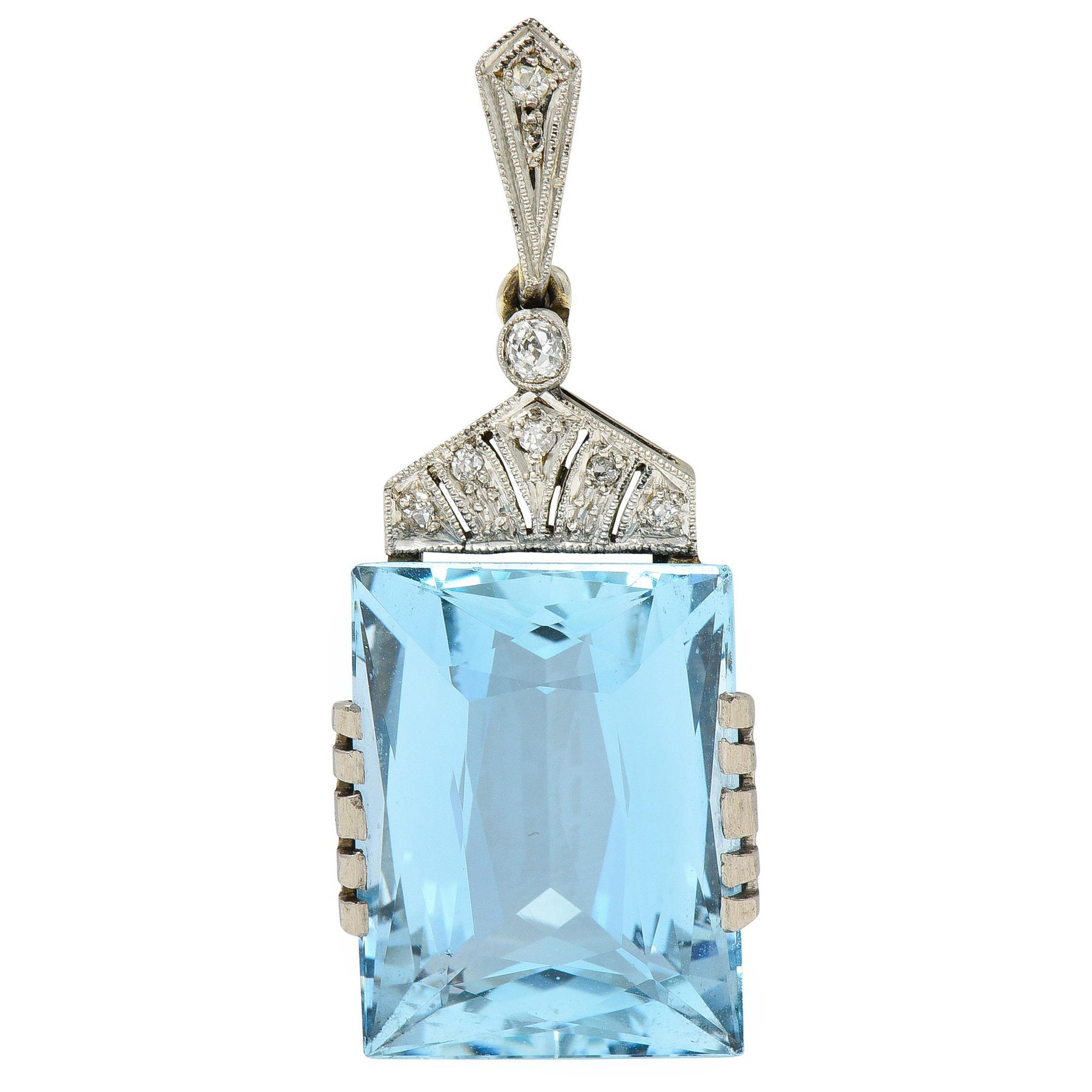 Art Deco 20.62 CTW Aquamarine Diamond Platinum 18 Karat Gold Vintage Pendant For Sale
