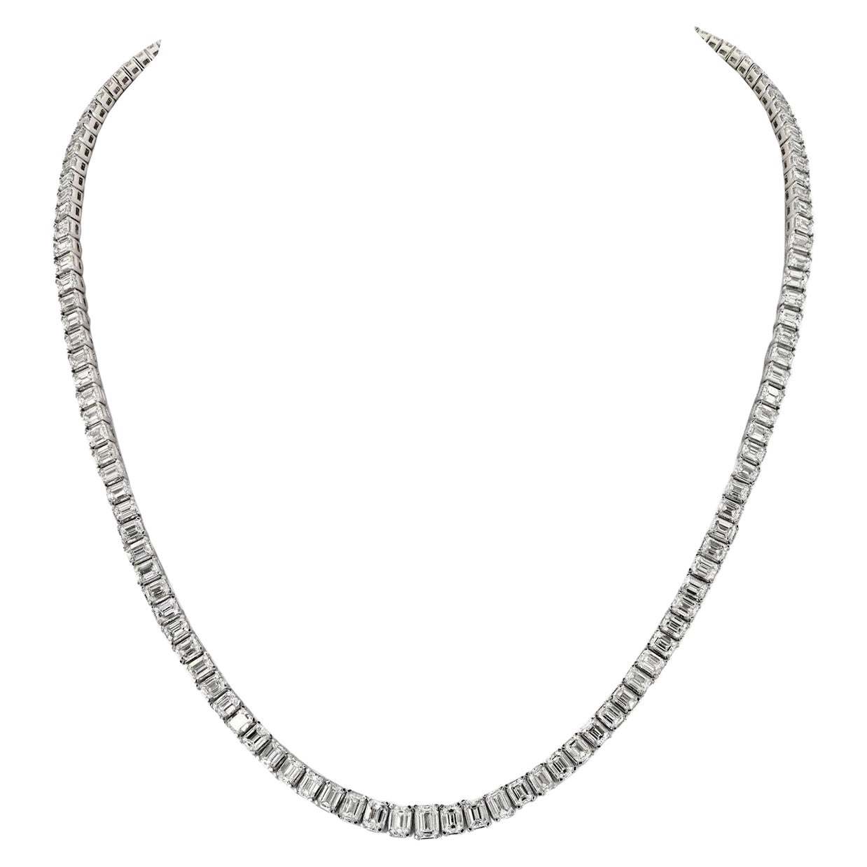 26.00 Carat 18K White Gold Ladies Emerald Cut Diamond Tennis Necklace