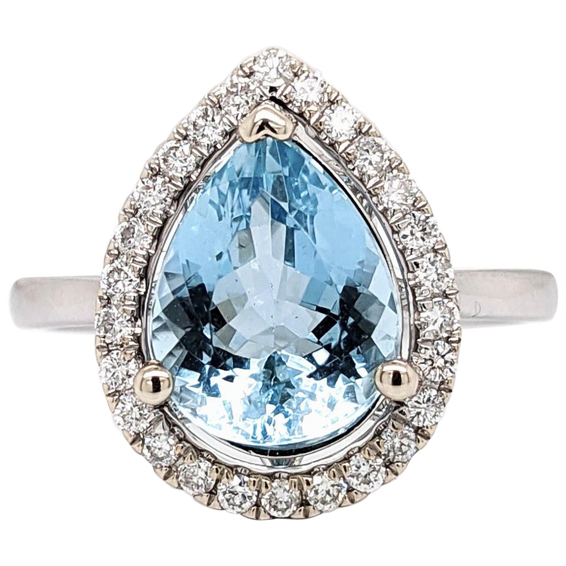 2.45ct Aquamarine Ring w Diamond Halo in Solid 14K White Gold Pear 11x8mm For Sale