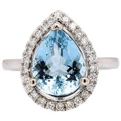 2.45ct Aquamarine Ring w Diamond Halo in Solid 14K White Gold Pear 11x8mm