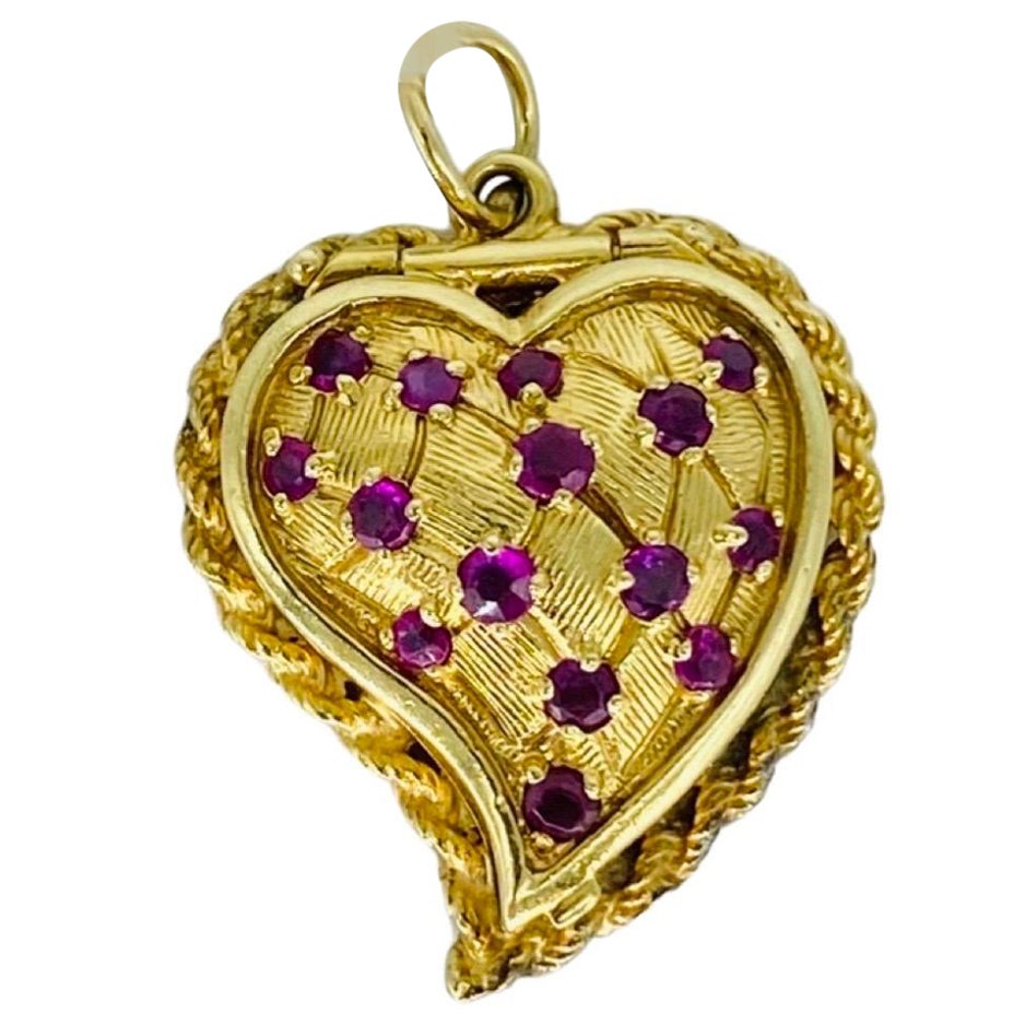 Vintage 1.00 Carat Ruby Heart Locket Pendant 14k Gold For Sale