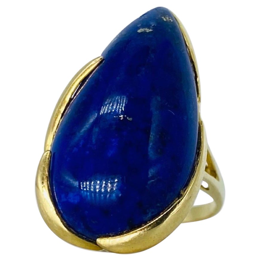 Vintage 22.35 Carat Lapis Lazuli Cabochon Pear Cut Cocktail Ring 14k Gold For Sale